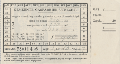 716229 Maandnota van de Gemeente Gasfabriek Utrecht, met op de achterzijde reclame voor het gebruik van gas.